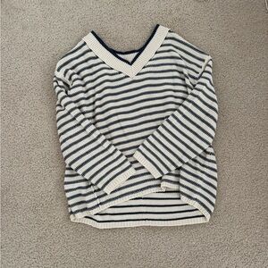 American Eagle Outfitters Cream and Navy Striped V-Neck Oversized Sweater